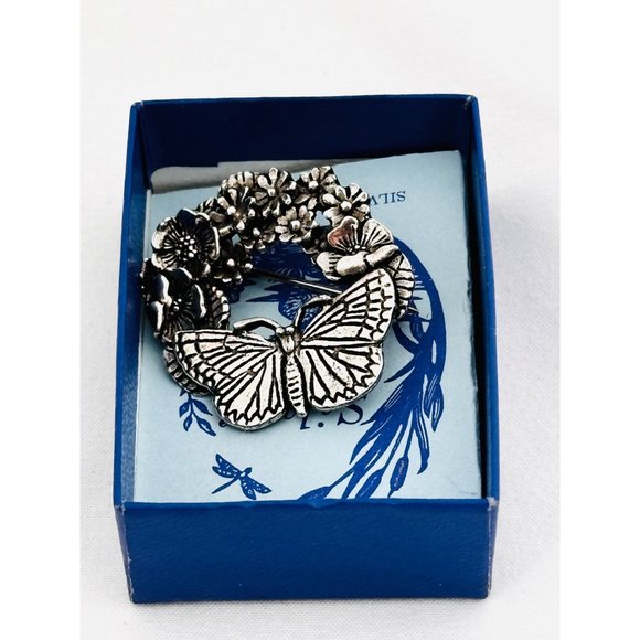 Vintage Silver Scenes Butterfly and Flowers Brooch/Pin - Made in Wales - Picture 12 of 13